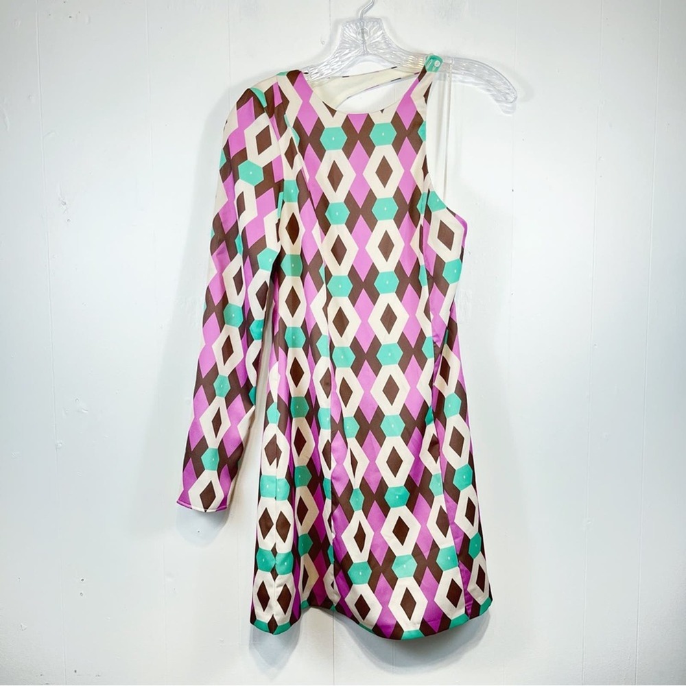 Zara Printed Satin Dress Retro Pink Green Brown One Shoulder Mini Dress Small